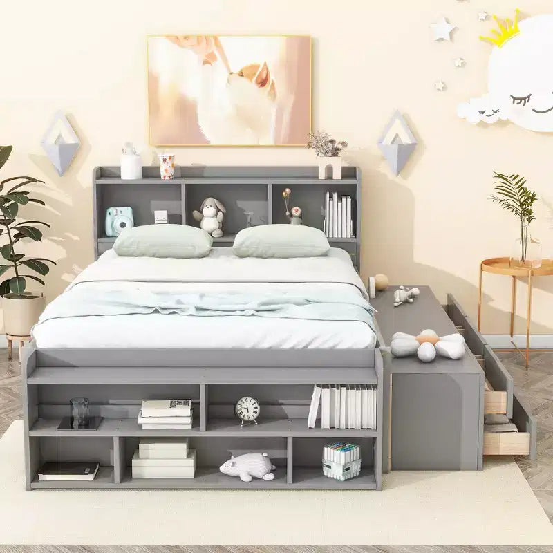 Whisen Full Bed with Bookcase Headboard & Storage