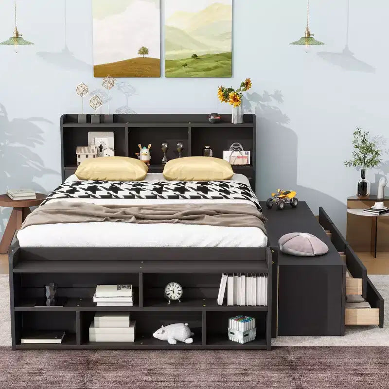 Whisen Full Bed with Bookcase Headboard & Storage