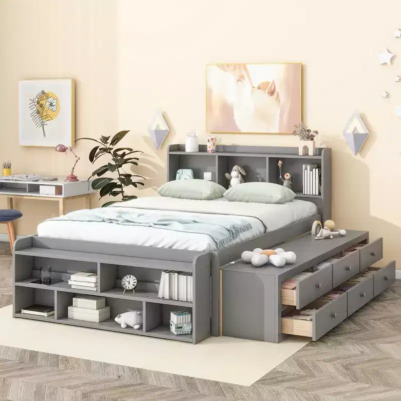 Whisen Full Bed with Bookcase Headboard & Storage