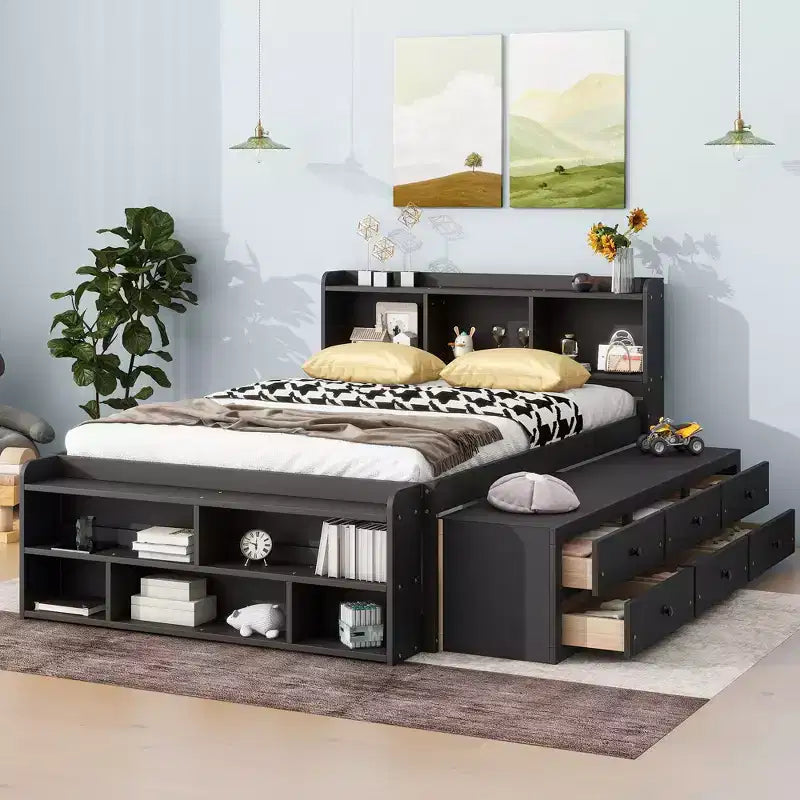Whisen Full Bed with Bookcase Headboard & Storage