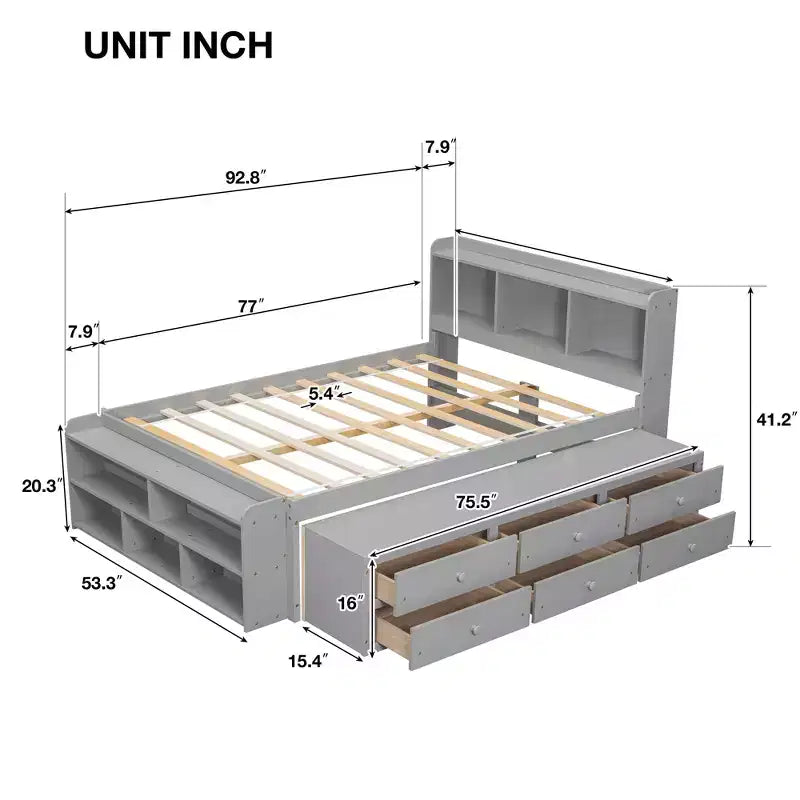 Whisen Full Bed with Bookcase Headboard & Storage