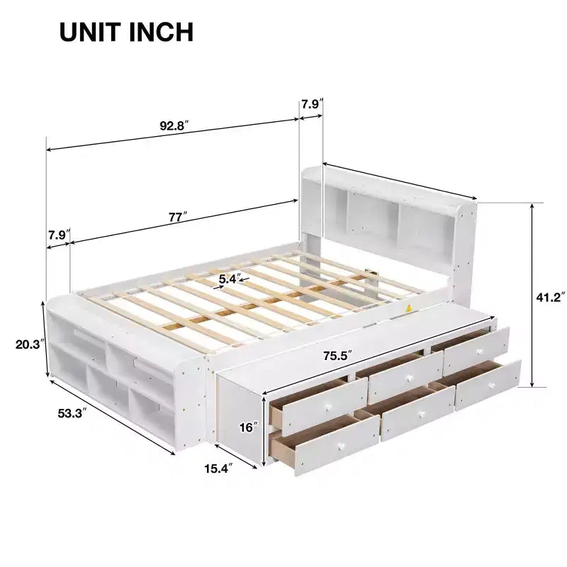 Whisen Full Bed with Bookcase Headboard & Storage