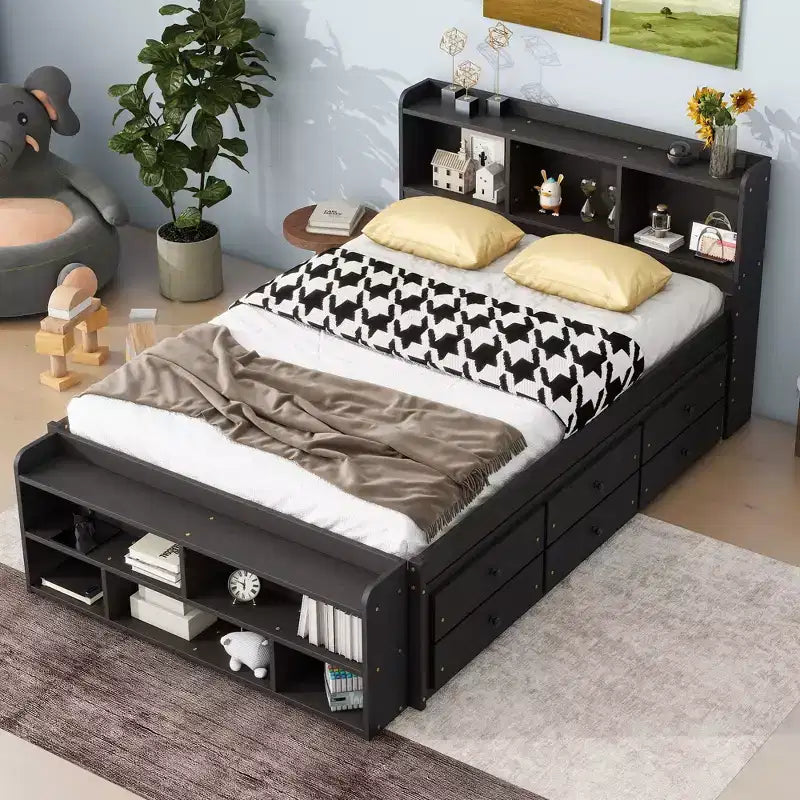 Whisen Full Bed with Bookcase Headboard & Storage