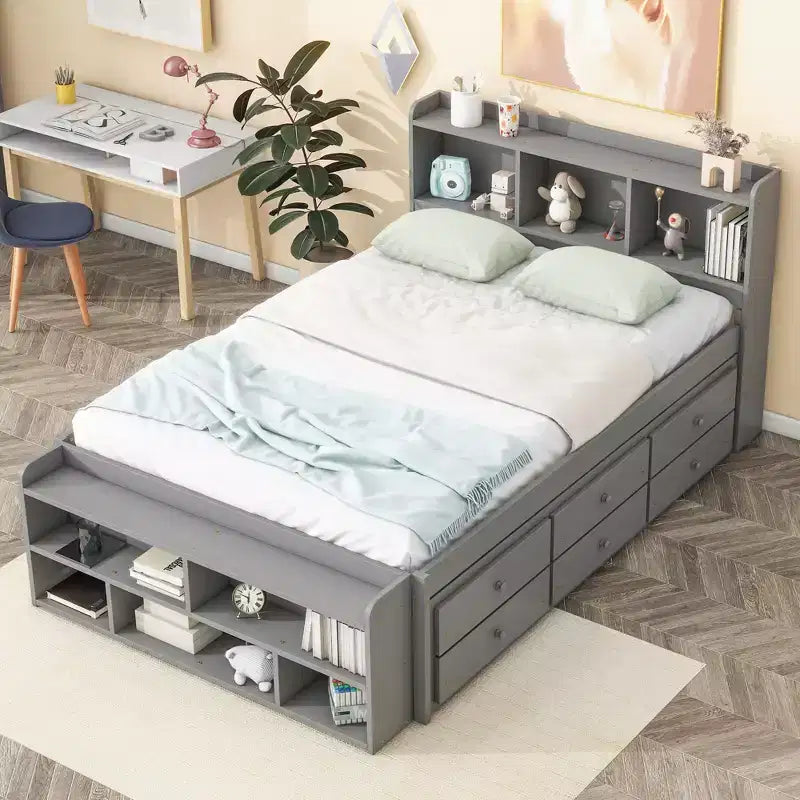 Whisen Full Bed with Bookcase Headboard & Storage