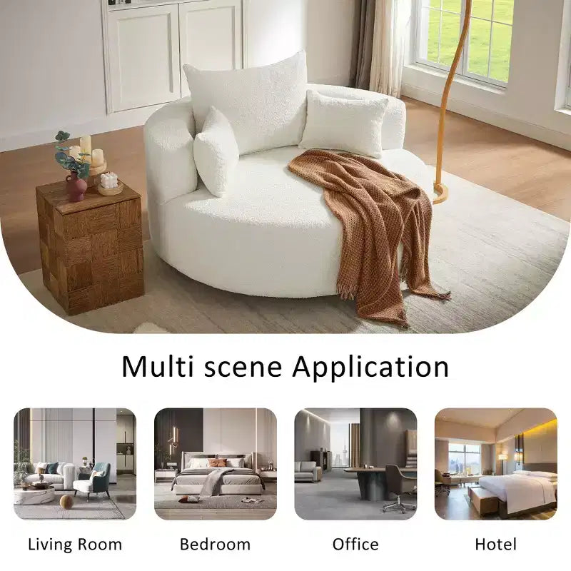 Dovelina Comfy Cloud Chair Swivel Barrel Round Sofa Chair with 3 Pillows-White