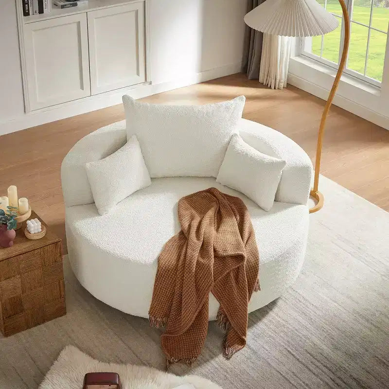 Dovelina Comfy Cloud Chair Swivel Barrel Round Sofa Chair with 3 Pillows-White