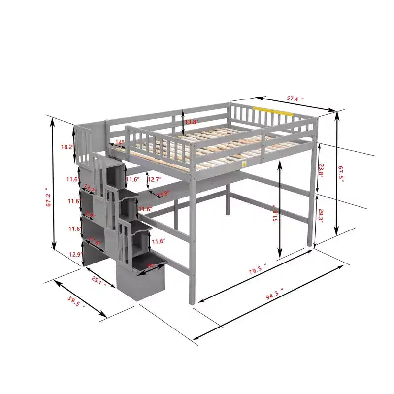 Whisen Full Loft Bed with Desk, Storage Shelves & Staircase