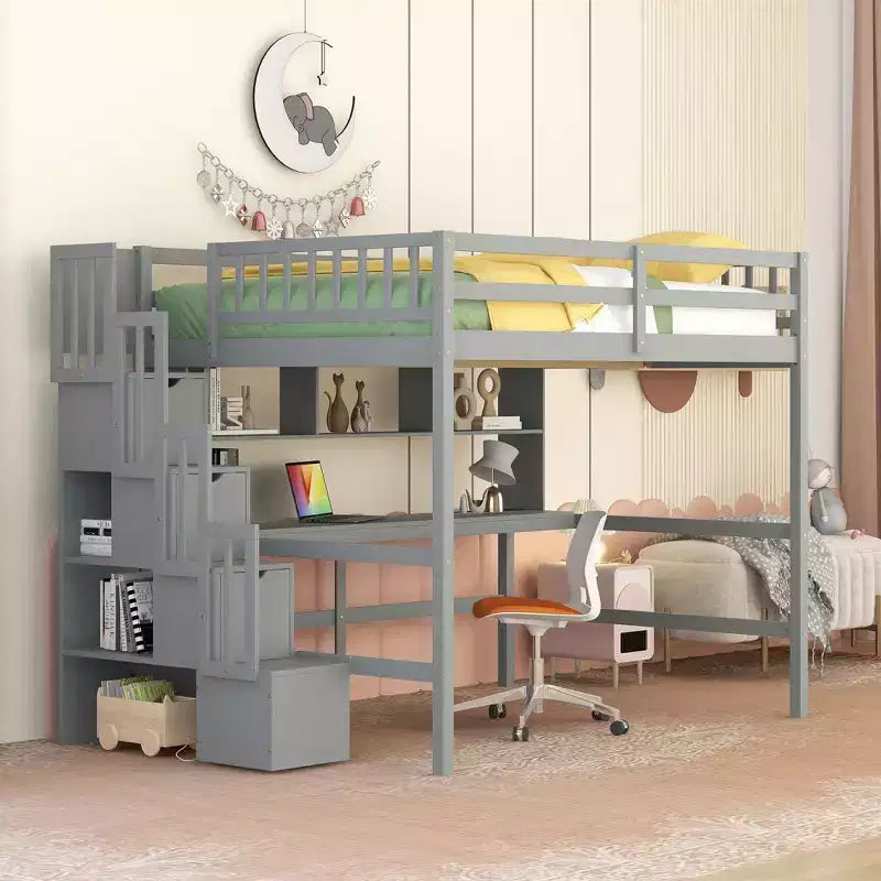 Whisen Full Loft Bed with Desk, Storage Shelves & Staircase