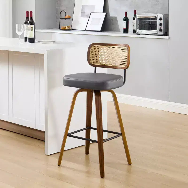 Bekrvio Swivel Counter Height Bar Stools, 29 Faux Leather Upholstered with with Rattan Back, Black for Kitchen Counter