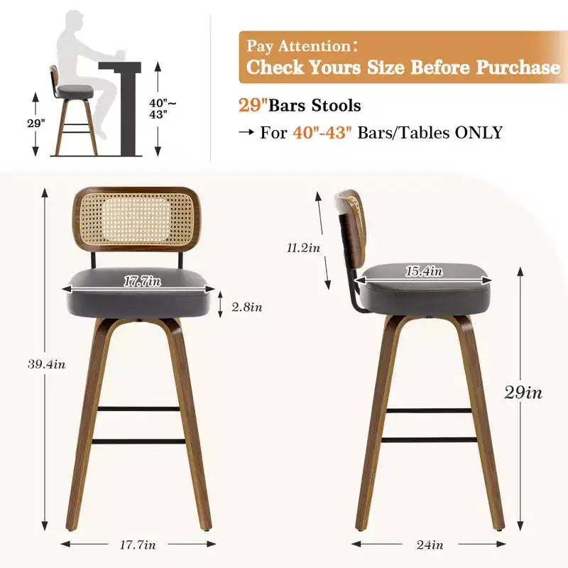 Bekrvio Swivel Counter Height Bar Stools, 29 Faux Leather Upholstered with with Rattan Back, Black for Kitchen Counter