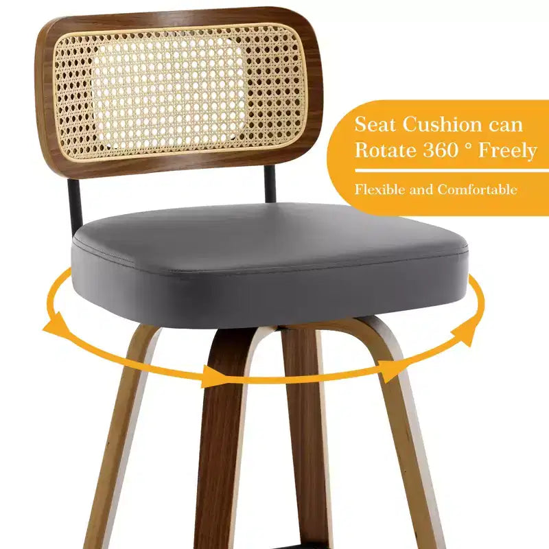 Bekrvio Swivel Counter Height Bar Stools, 29 Faux Leather Upholstered with with Rattan Back, Black for Kitchen Counter