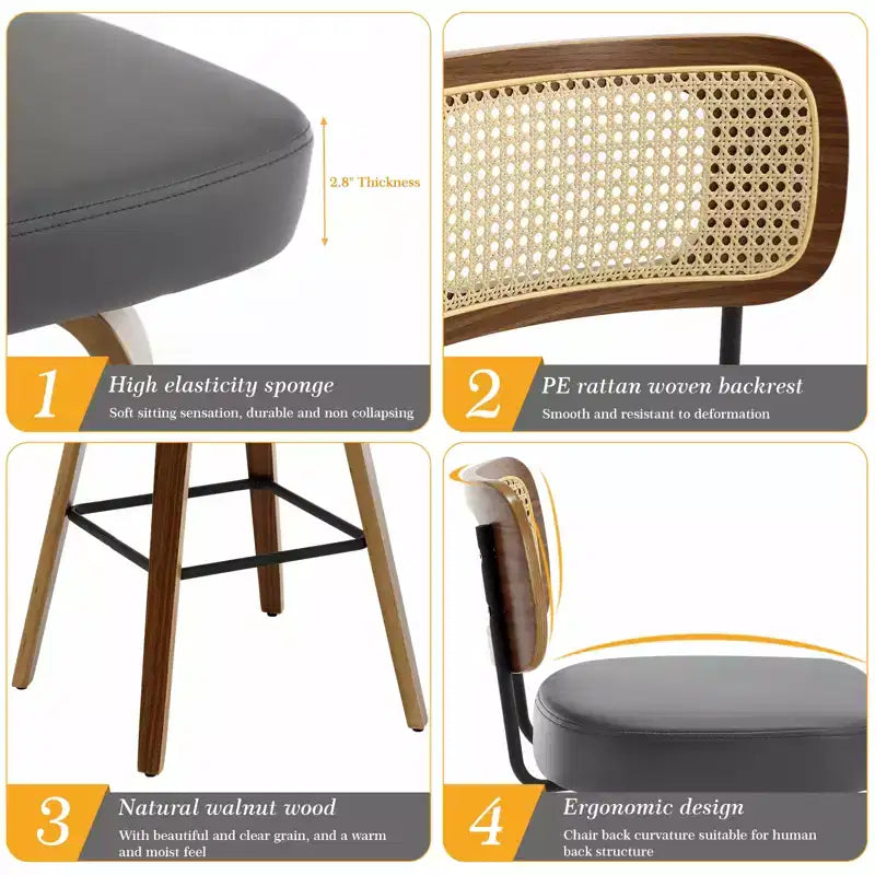 Bekrvio Swivel Counter Height Bar Stools, 29 Faux Leather Upholstered with with Rattan Back, Black for Kitchen Counter