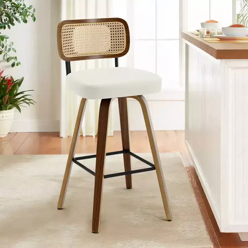 Bekrvio Swivel Counter Height Bar Stools, 29 Faux Leather Upholstered with with Rattan Back, Black for Kitchen Counter