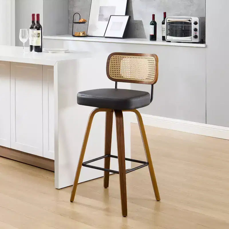 Bekrvio Swivel Counter Height Bar Stools, 29 Faux Leather Upholstered with with Rattan Back, Black for Kitchen Counter