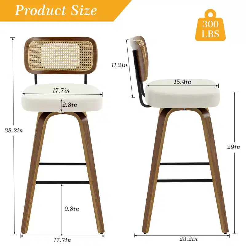 Bekrvio Swivel Counter Height Bar Stools, 29 Faux Leather Upholstered with with Rattan Back, Black for Kitchen Counter
