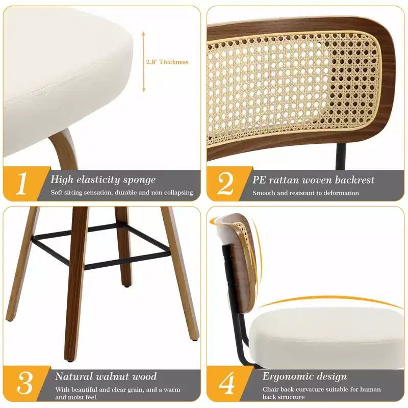 Bekrvio Swivel Counter Height Bar Stools, 29 Faux Leather Upholstered with with Rattan Back, Black for Kitchen Counter