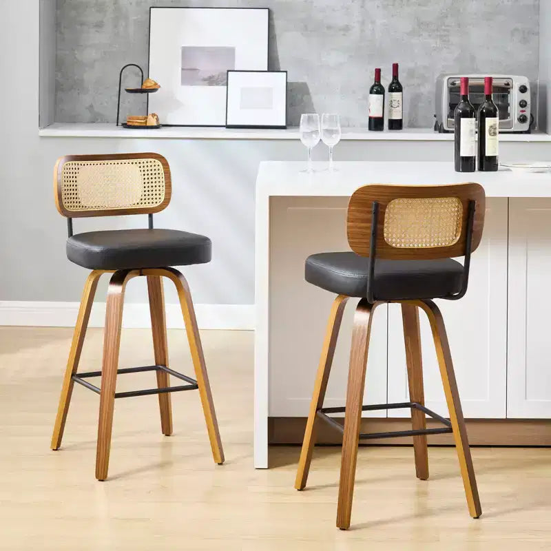 Bekrvio Swivel Counter Height Bar Stools, 29 Faux Leather Upholstered with with Rattan Back, Black for Kitchen Counter