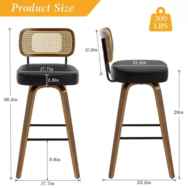 Bekrvio Swivel Counter Height Bar Stools, 29 Faux Leather Upholstered with with Rattan Back, Black for Kitchen Counter