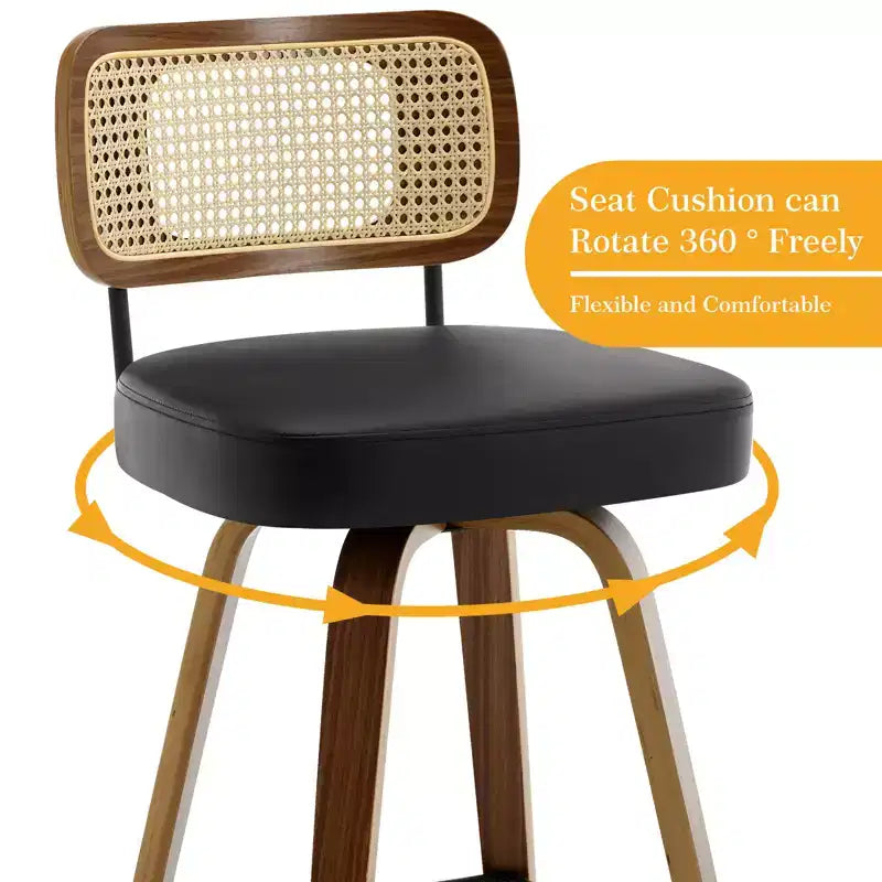 Bekrvio Swivel Counter Height Bar Stools, 29 Faux Leather Upholstered with with Rattan Back, Black for Kitchen Counter