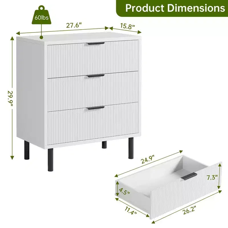 Fluted 3 Drawers Dresser, Wide Wood Chest of Drawers, Modern Storage Dresser Chest of Drawers