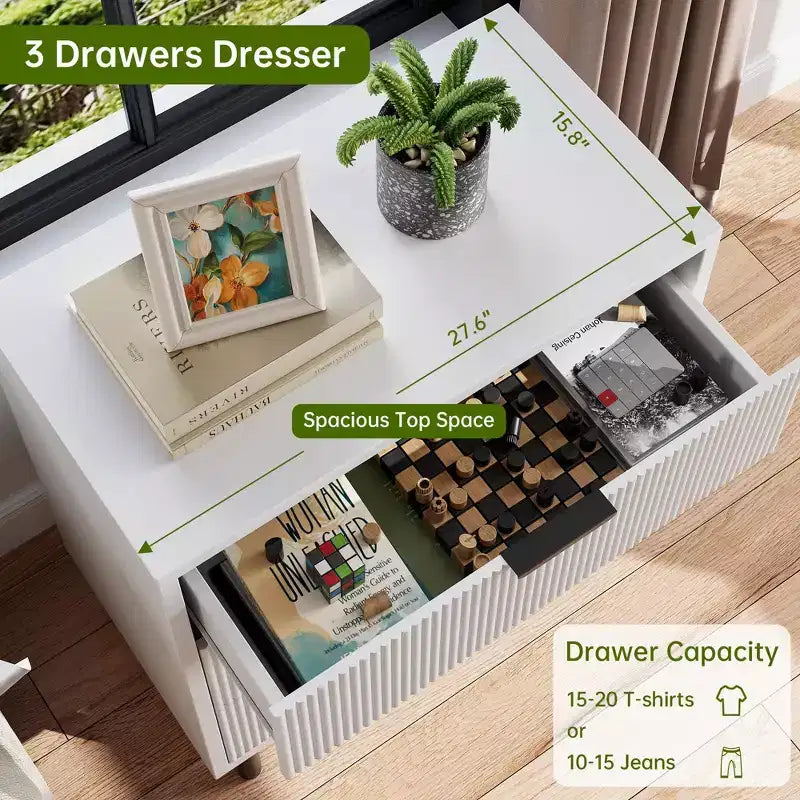 Fluted 3 Drawers Dresser, Wide Wood Chest of Drawers, Modern Storage Dresser Chest of Drawers