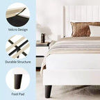 Bed Frame with Wingback Headboard - Vertical Channel Tufted Upholstered Platform, Noise-Free Reinforced Wood Slats, No Box Spring Needed, White