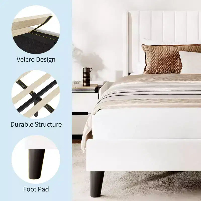 Bed Frame with Wingback Headboard - Vertical Channel Tufted Upholstered Platform, Noise-Free Reinforced Wood Slats, No Box Spring Needed, White