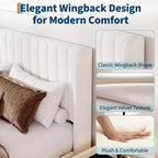 Bed Frame with Wingback Headboard - Vertical Channel Tufted Upholstered Platform, Noise-Free Reinforced Wood Slats, No Box Spring Needed, White