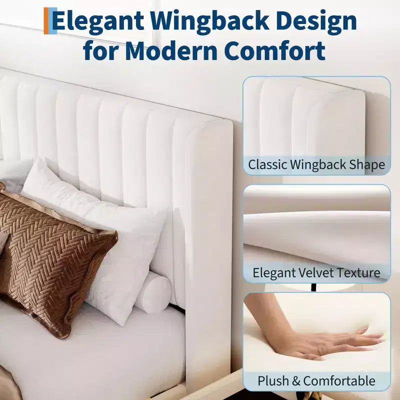 Bed Frame with Wingback Headboard - Vertical Channel Tufted Upholstered Platform, Noise-Free Reinforced Wood Slats, No Box Spring Needed, White