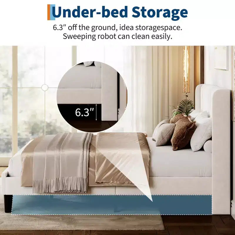 Bed Frame with Wingback Headboard - Vertical Channel Tufted Upholstered Platform, Noise-Free Reinforced Wood Slats, No Box Spring Needed, White