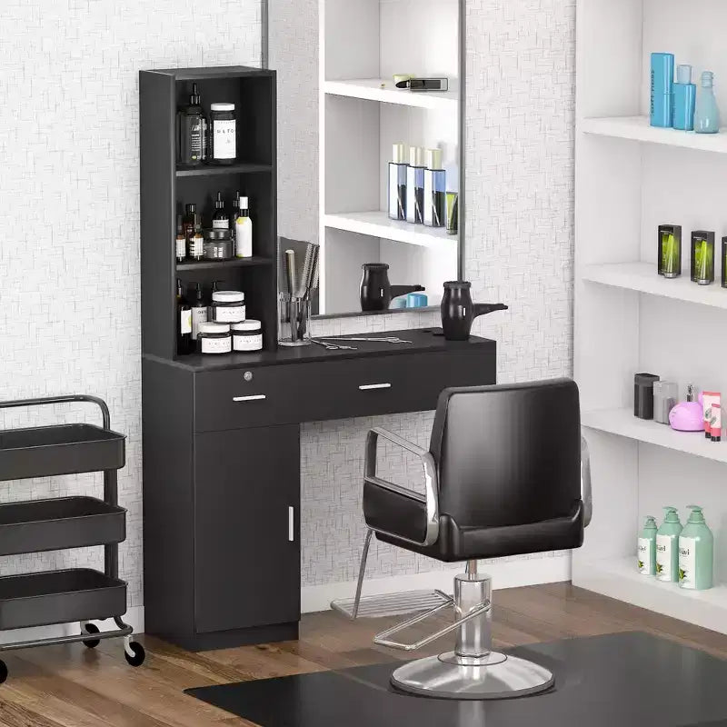 Sandinrayli Wall Mount Salon Barber Station for Hair Stylist,Hair Dressing Station with Storage Cabinet,Black