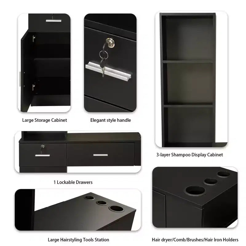 Sandinrayli Wall Mount Salon Barber Station for Hair Stylist,Hair Dressing Station with Storage Cabinet,Black