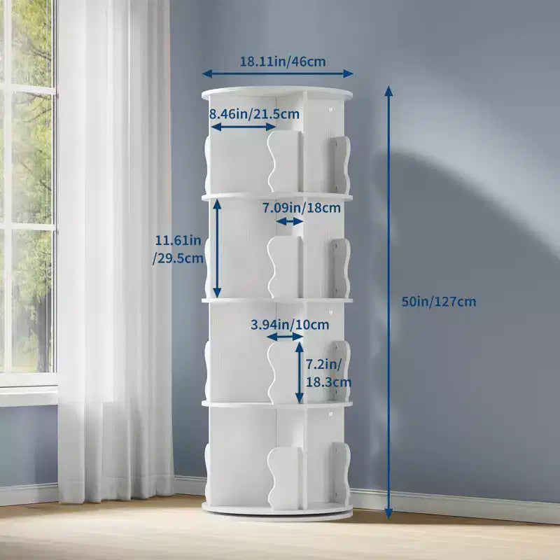 CuisinSmart 4 Tier Spinning Bookshelf Tower, 50'' Tall Bookcase for Kids Room, 360 Swivel Wood Bookshelf Rotating for Office home Bedroom Study