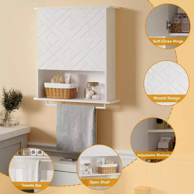 Modern Wall-Mounted Cabinet, 2-Tier Wood Shelf with Towel Bar & Adjustable Storage, Perfect for Bathroom & Kitchen