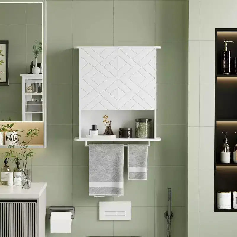 Modern Wall-Mounted Cabinet, 2-Tier Wood Shelf with Towel Bar & Adjustable Storage, Perfect for Bathroom & Kitchen