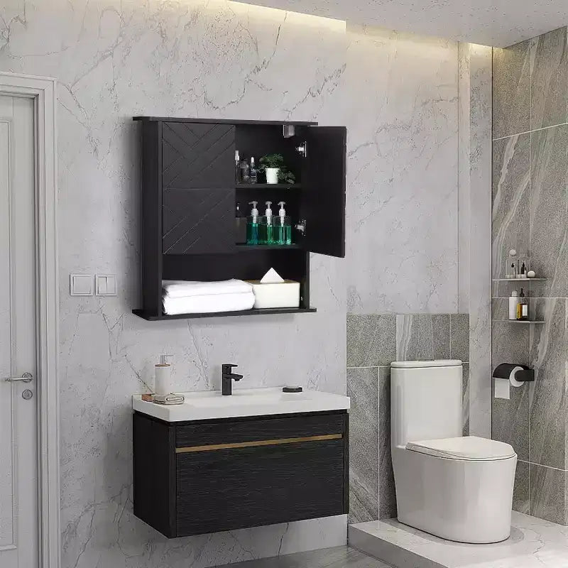 Modern Wall-Mounted Cabinet, 2-Tier Wood Shelf with Towel Bar & Adjustable Storage, Perfect for Bathroom & Kitchen