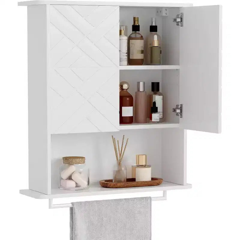 Modern Wall-Mounted Cabinet, 2-Tier Wood Shelf with Towel Bar & Adjustable Storage, Perfect for Bathroom & Kitchen