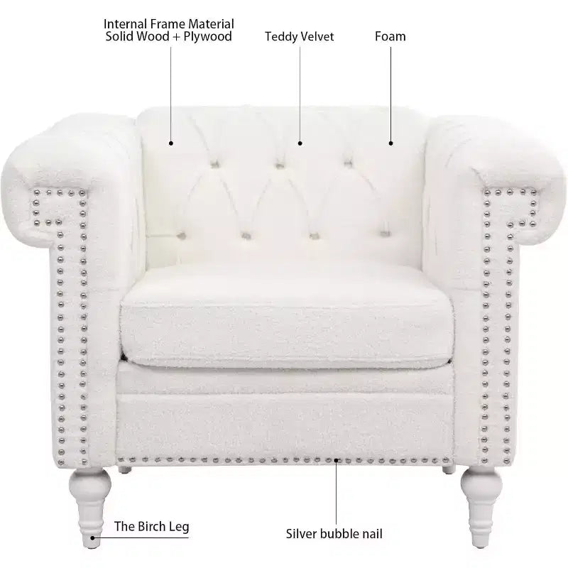 Acekool Arm Chair with Thick Padded Backrest & Seat, 22.4 Deep Single Sofa, Comfy White Fabric, Modern Accent Chair for Living Room, Bedroom