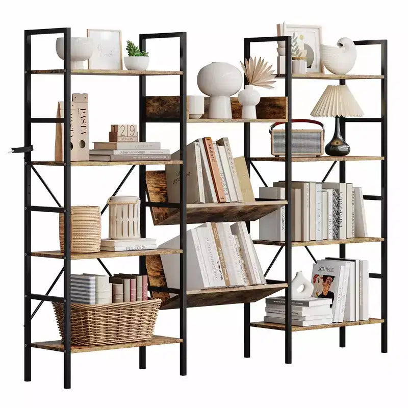 4-Tier Industrial Bookshelf, Triple Wide Bookcase with 11 Adjustable Shelves, Rustic Wood & Metal Storage Shelf for Living Room, Bedroom, Home Office