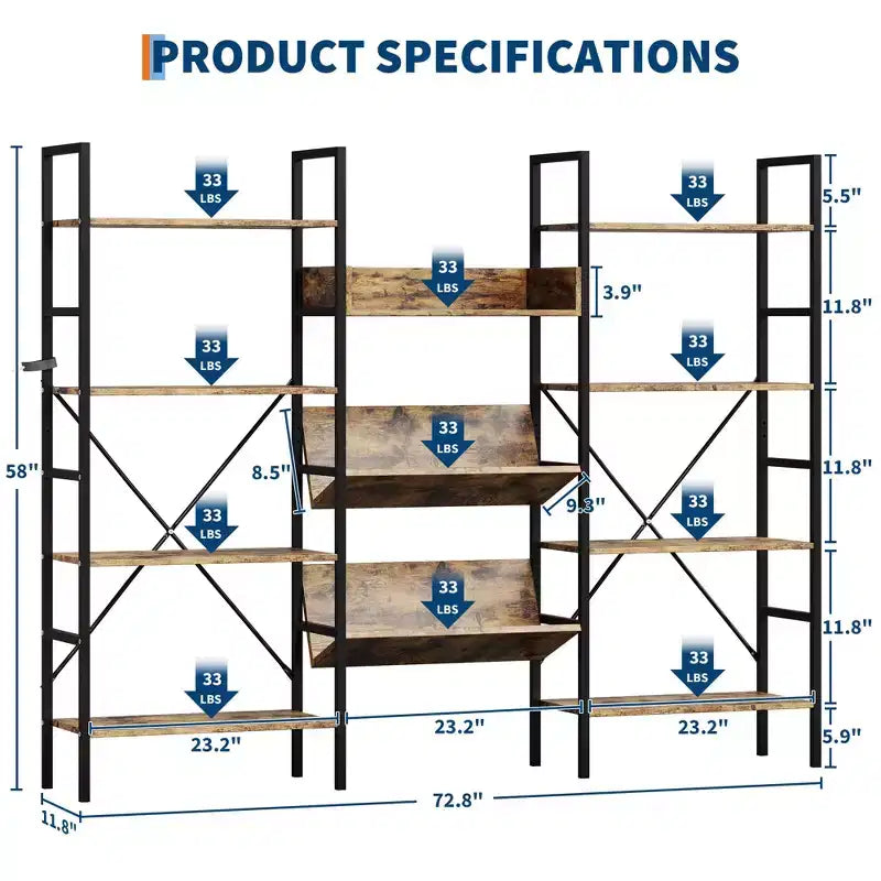 4-Tier Industrial Bookshelf, Triple Wide Bookcase with 11 Adjustable Shelves, Rustic Wood & Metal Storage Shelf for Living Room, Bedroom, Home Office