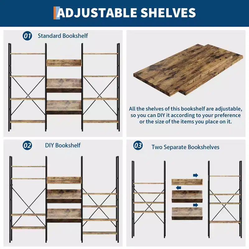 4-Tier Industrial Bookshelf, Triple Wide Bookcase with 11 Adjustable Shelves, Rustic Wood & Metal Storage Shelf for Living Room, Bedroom, Home Office