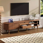 CLIHOME Wooden Oval Fluted TV Stand with Charging Station for TV up to 80, Mid-Century Media Console with Sliding Tambour Door