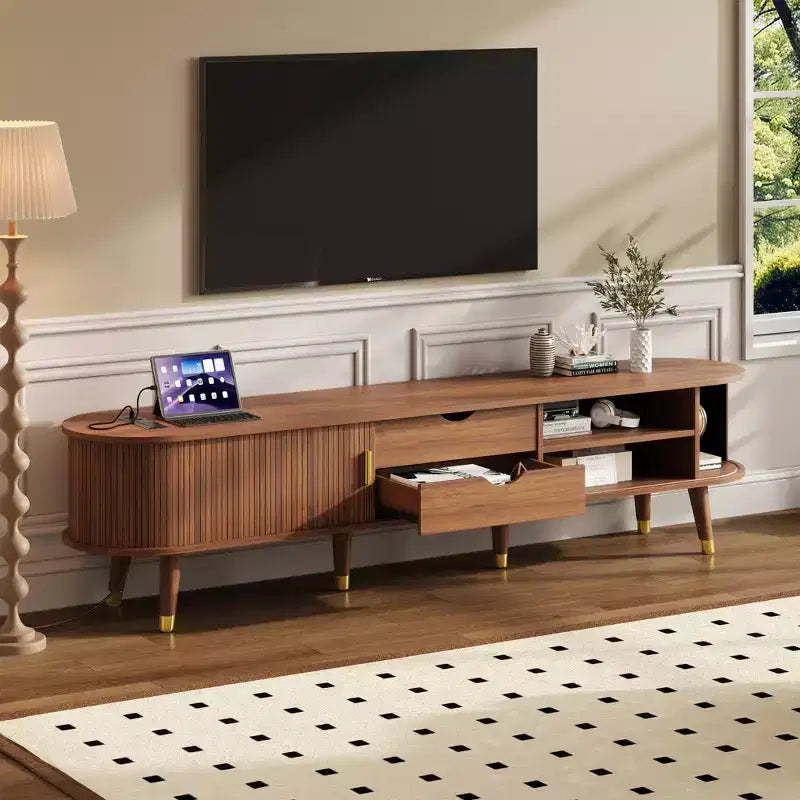 CLIHOME Wooden Oval Fluted TV Stand with Charging Station for TV up to 80, Mid-Century Media Console with Sliding Tambour Door