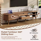 CLIHOME Wooden Oval Fluted TV Stand with Charging Station for TV up to 80, Mid-Century Media Console with Sliding Tambour Door