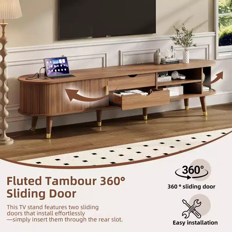 CLIHOME Wooden Oval Fluted TV Stand with Charging Station for TV up to 80, Mid-Century Media Console with Sliding Tambour Door