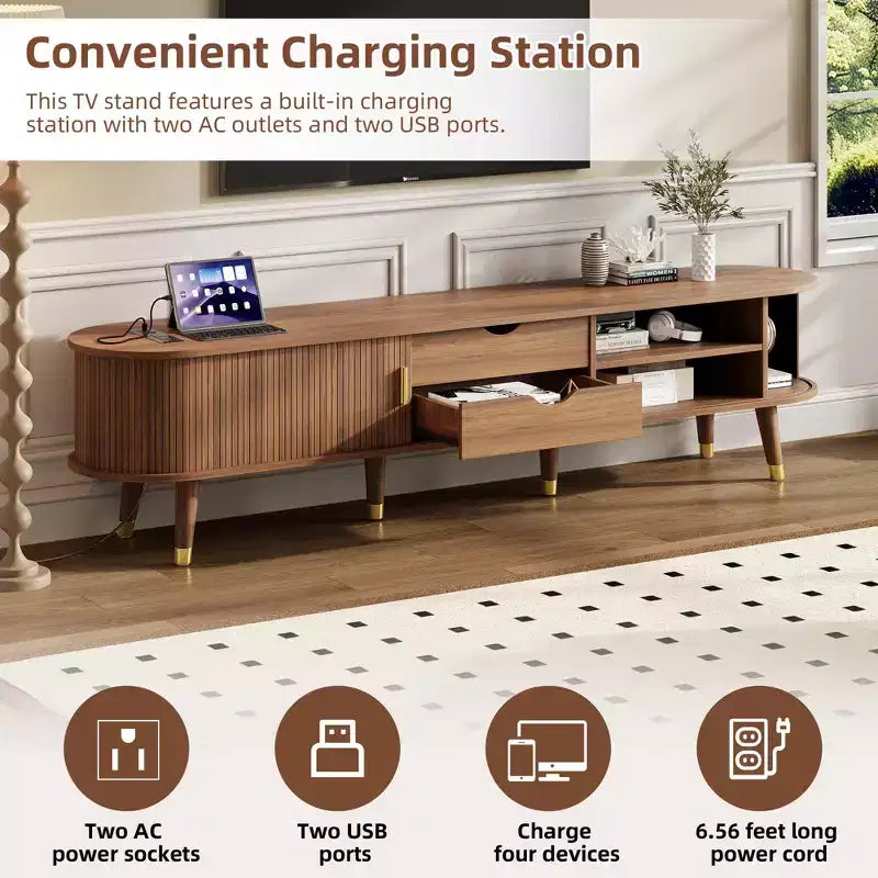 CLIHOME Wooden Oval Fluted TV Stand with Charging Station for TV up to 80, Mid-Century Media Console with Sliding Tambour Door