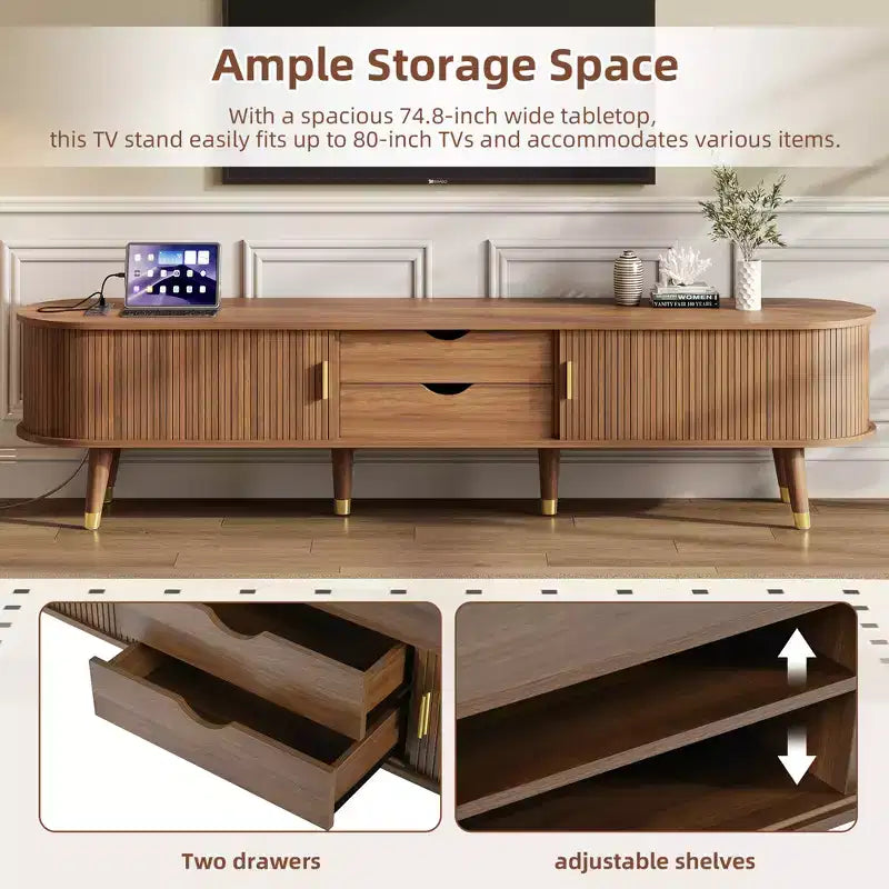 CLIHOME Wooden Oval Fluted TV Stand with Charging Station for TV up to 80, Mid-Century Media Console with Sliding Tambour Door