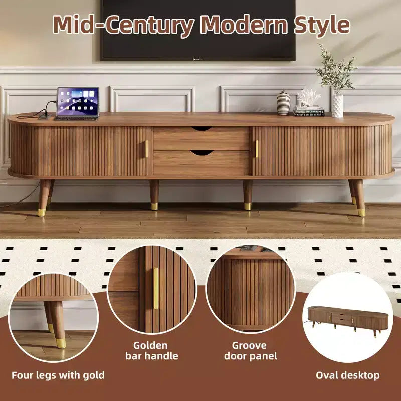CLIHOME Wooden Oval Fluted TV Stand with Charging Station for TV up to 80, Mid-Century Media Console with Sliding Tambour Door