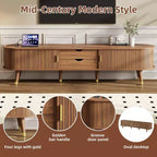 CLIHOME Wooden Oval Fluted TV Stand with Charging Station for TV up to 80, Mid-Century Media Console with Sliding Tambour Door