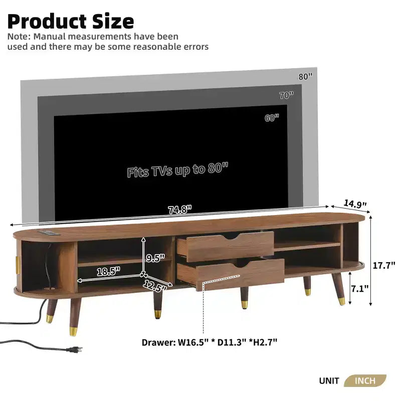 CLIHOME Wooden Oval Fluted TV Stand with Charging Station for TV up to 80, Mid-Century Media Console with Sliding Tambour Door